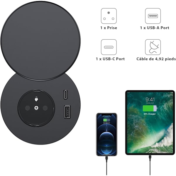 Innfelt strømbrett, Innfelt strømbrett med 1 stikkontakt, 1 USB-C-port, 1 USB-A-port, 75 mm diameter, 1,5 m kabel, skrivebordsstikkontakt for kjøkken, kontor,