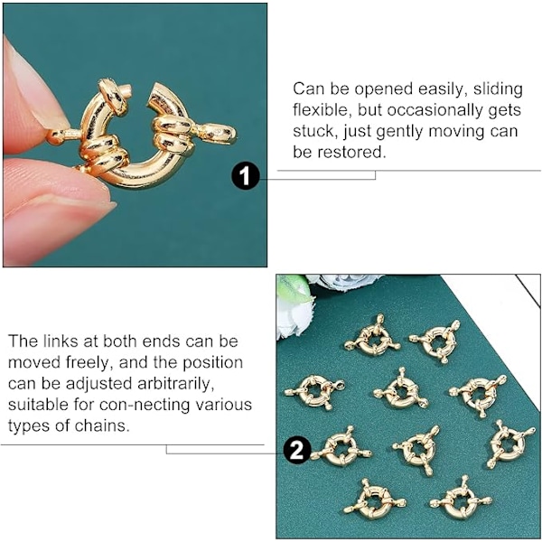 15 Set Mässing Fjäderlås med Hänglänkar 14K Guldpläterad Rund Ring Lås Smyckesanslutning 13mm Lås för DIY Halsband Fotlänkar
