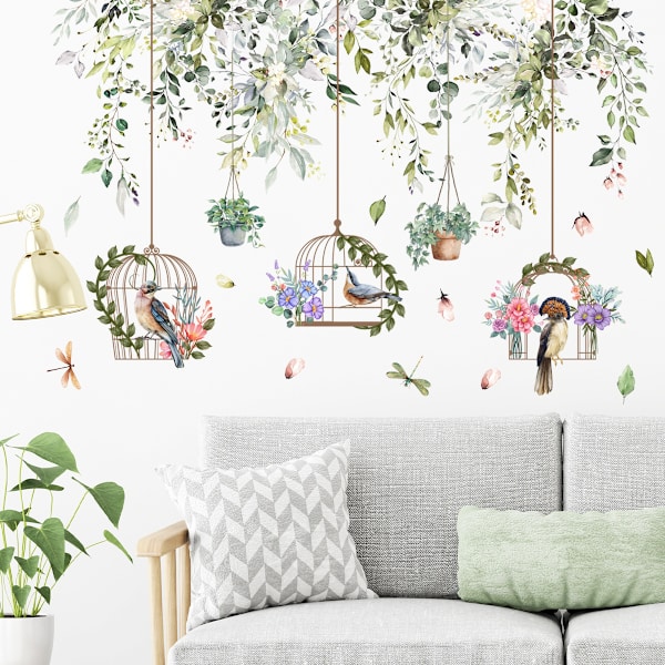 En uppsättning väggdekaler växter blommor fågelburar väggdekaler för