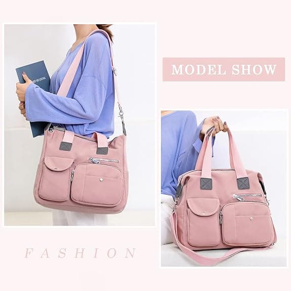 Dam Tote Bag Nylon Multi Pocket Axelväskor Laptop Arbetsväska Lärarväska och Handväskor（Rosa）