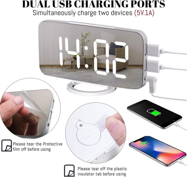 Digital väckarklocka, stor LED-spegeldisplay, med USB-laddare,