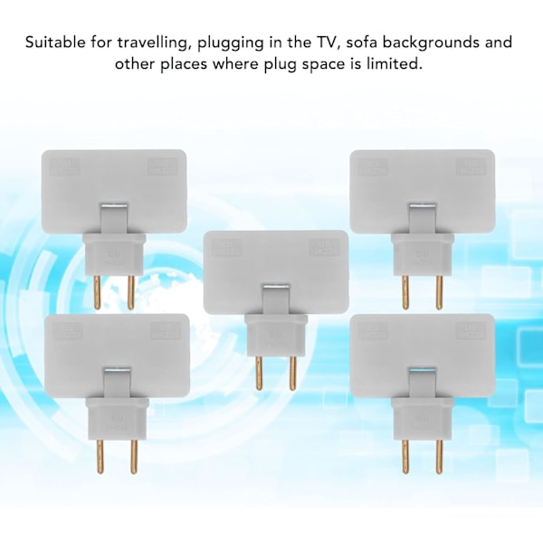 5 stk. Flat Socket Trådløs Pluggomformer 180 Graders Rotasjon 1 til 3 EU Pluggadapter 110-250V for Plassering Bak Møbler.