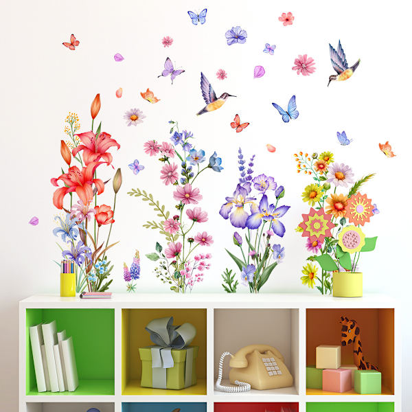 Farverige Blomster Vægstickers Haveblomst Vægstickers Plante Sommerfugl Blomsterfugl Vægsticker Vægsticker til Stue Soveværelse Kontor og Hjem D