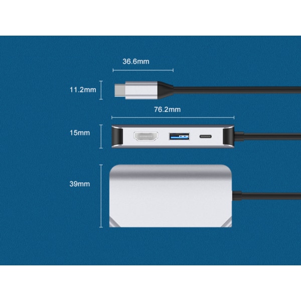 4 i 1 USB C HUB, dockingstationadapter med 4K-HDMI, VGA, grå