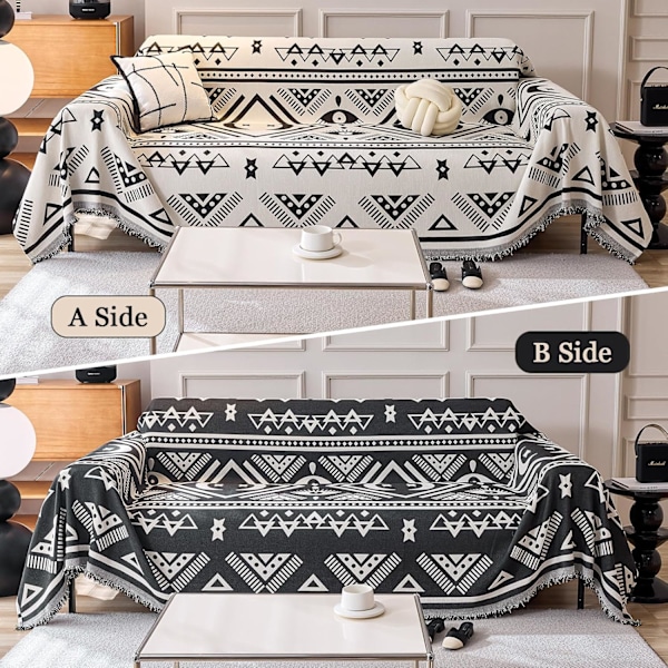 Reversibel sofföverdrag Chenille Jacquard Geometrisk Boho Sofföverdrag, Beige Svart Soffa Överdrag för Sektionssoffa Chic Möbelskydd 180x150