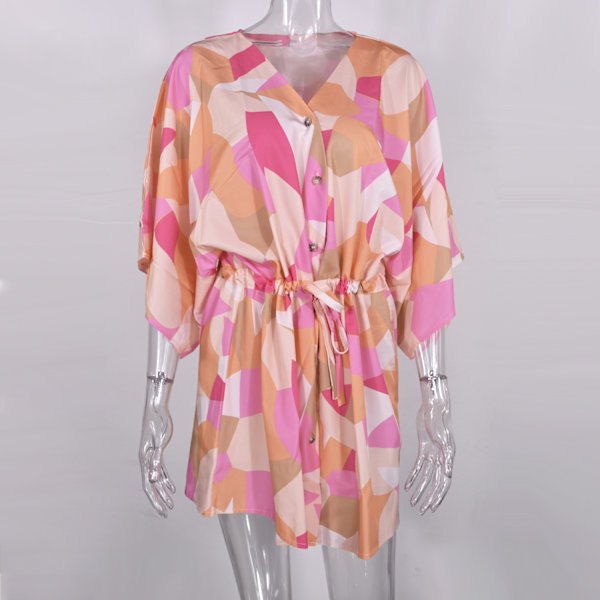 Kvinners Blomstrete Plunge Neck Knot Front A Line Kort Kjole (oransje og rosa fargematch-M)