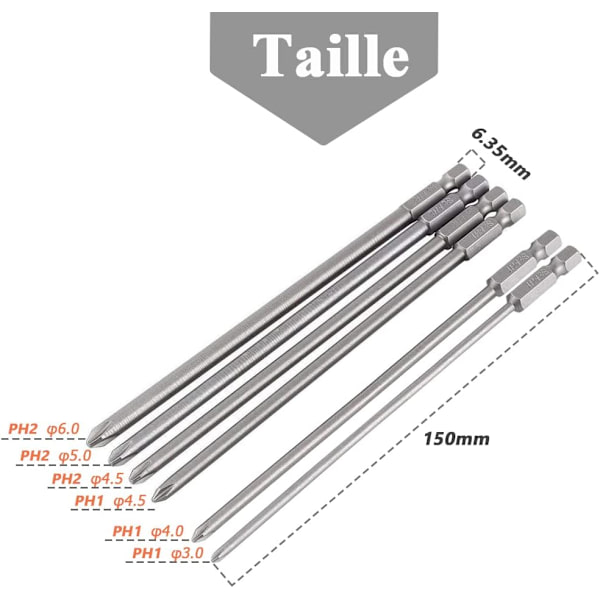 6 kpl kuusiokoloinen magneettinen Phillips-ruuvimeisselibittisetti 150 mm, 1/4\" kuusiokoloinen ristipääruuvimeisselibitti sähkökäyttöiselle käsikäyttöiselle ruuvimeisselille