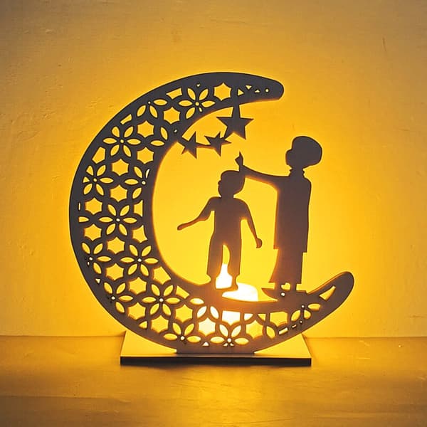 Sæt med 3 dekorative lys, Ramadan Måne Stjerne Træ Dekorativ L