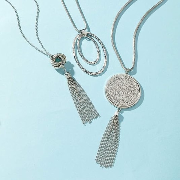 3PCS Långa Halsband för Kvinnor Knuta Disk Cirkel Tassel Statement Tröja Halsband Set