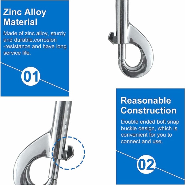 Dobbel ended bolt snap karabiner, 10 snap chain metallklips sinklegering, nikkelbelagte klips