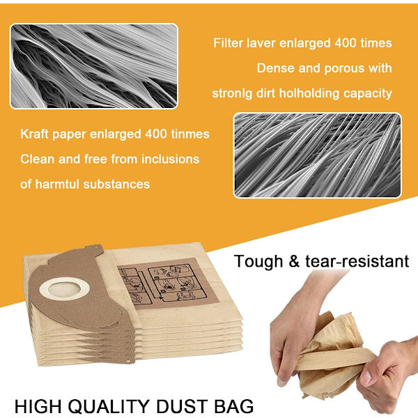10-pack dammsugarpåsar för Kärcher WD2 MV2 WD2250 A2004 A2054 dammsugare ersättningsdammsugarpåsar kit 6.904-322.0（21*24cm）