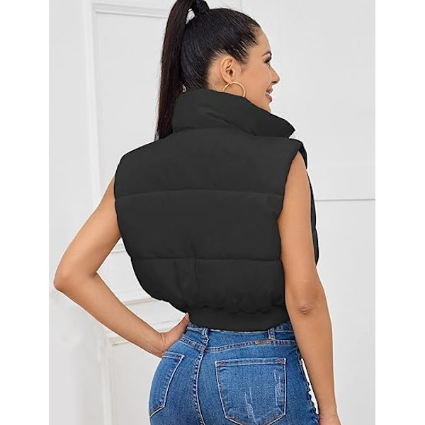 (M) Kvinnors Vadderad Dunväst Puffer Stå Krage Zip Up Crop Ärmlös Jacka