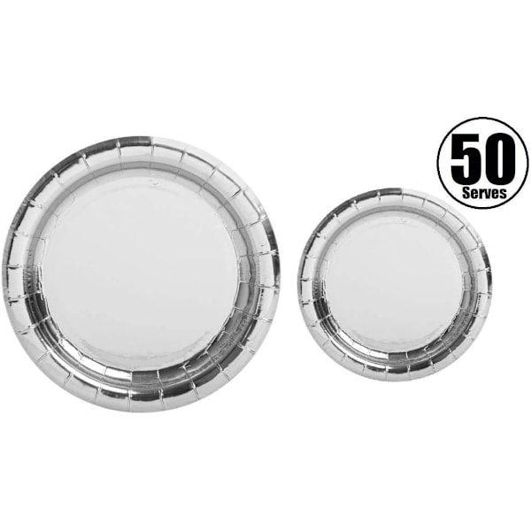 100 stk. sølvfarvede folietallerkener | 50 ~ 9\" middagstallerkener i papir