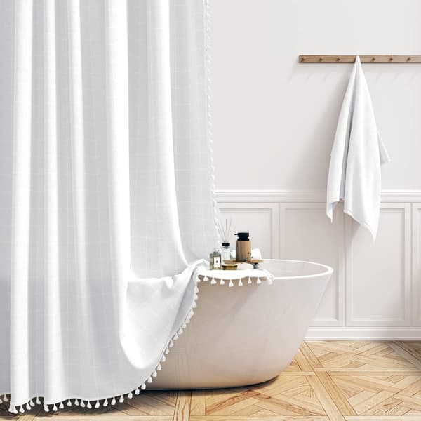 Farmhouse Vit Stall Duschdraperi - Boho Modern Linnetyg Duschdraperi