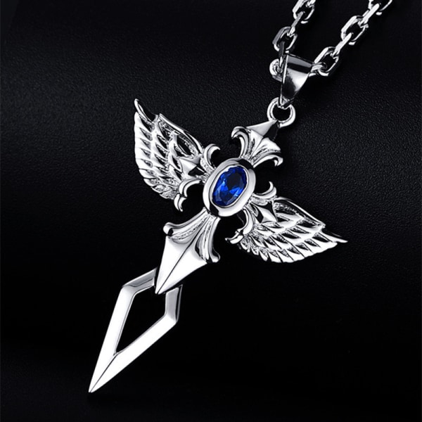 Angel Wings Cross Pendant for Mens Teen Blue Oxidized Silver Tone