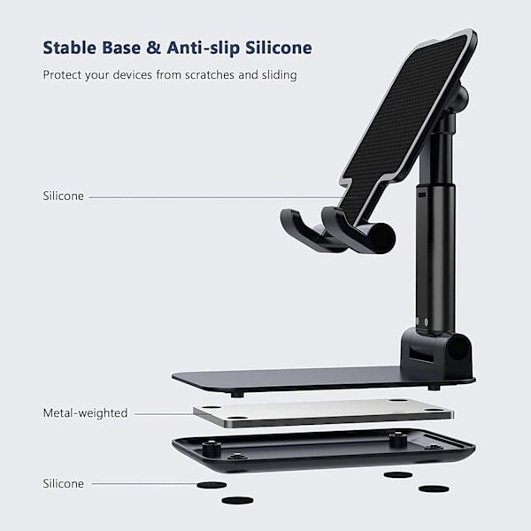 Justerbar telefonholder, telefonstativ - Universell - Stativholder, justerbart stativ, bordtelefonholder, sammenleggbar telefonholder, universell smarttelefontabell