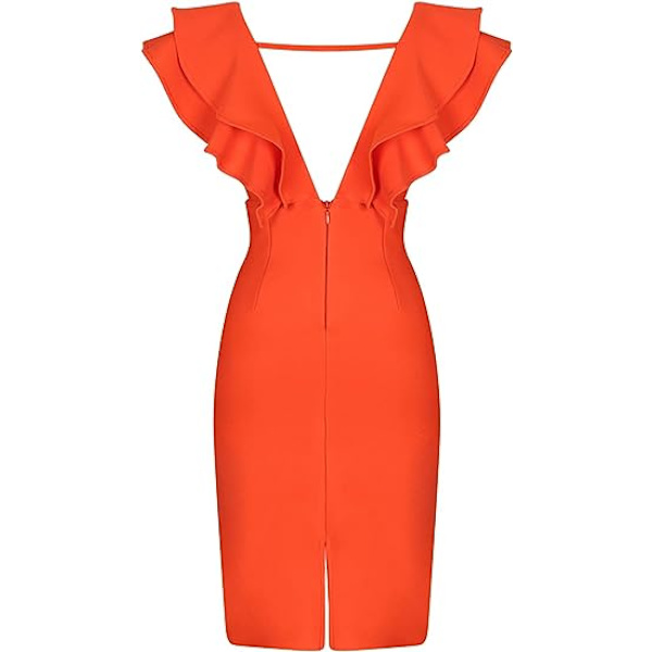 Kvinners Ruffle Korte Ermer Plunge V-hals Bodycon Kjole Bak Split