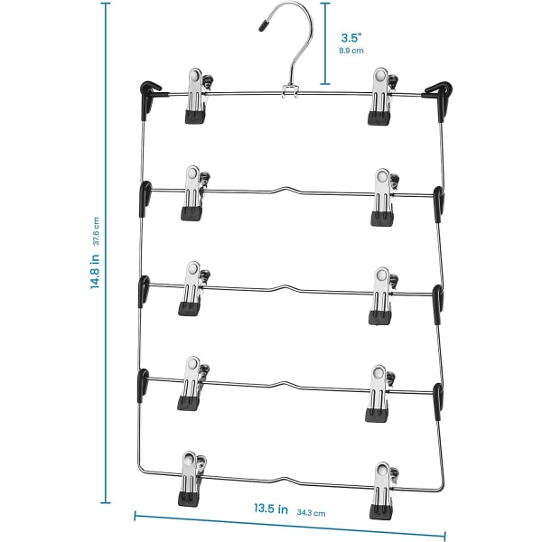 Platsbesparande 5-vånings metallkjolhängare med klämmor (3-pack) Häng 5-på-1