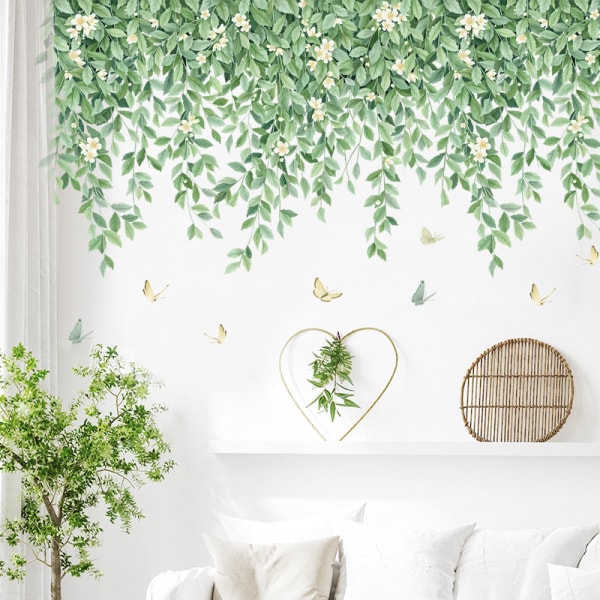 En set väggklistermärken Gröna blad Blommor Fjärilar Wall Stick