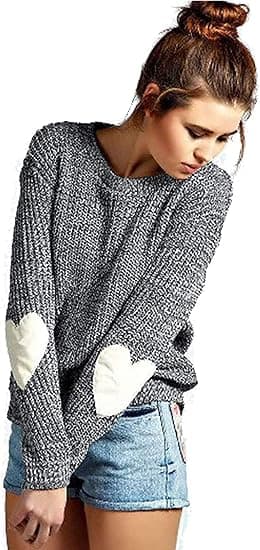 Dames Sød Hjertemønster Albue Patchwork Casual Crewneck Strikket