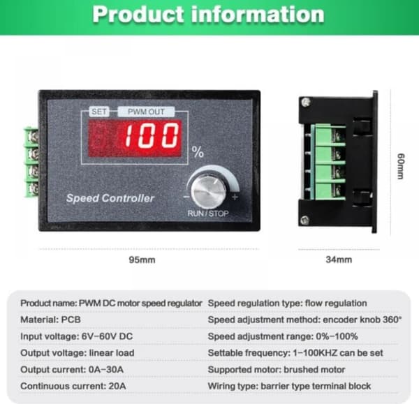 Motorhastighetskontroller, PWM DC 6 12V 24V 36V 48V 30A Motorhastighetsregulator Justerbar med Start Stopp-bryter