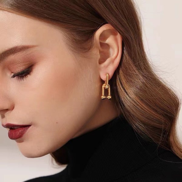 14k guldpläterad boll U-formad stift Y2K-stil chunky örhänge länk Ch