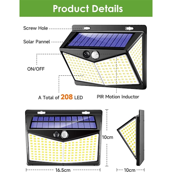 Solcellslampor utomhus, 208 LED utomhus LED strålkastare rörelsesensor Ip65, solcellslampor LED strålkastare utomhus, utomhusbelysning med sensor, vägglampa för trädgård pool-2-pack