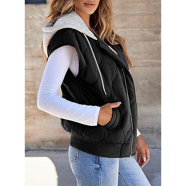 (M) Huvad Vinterväst Kvinnor Zip Up Ärmlös Quiltat Västar med Fickor