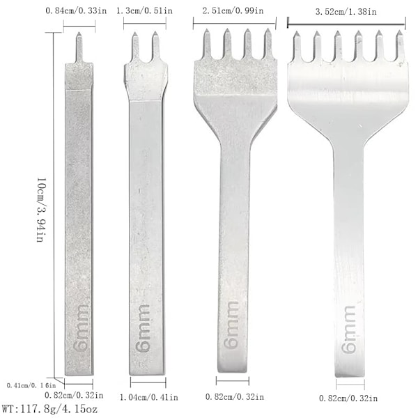 4-pack Läderhantverk Verktyg DIY Hålslag Läderavståndsslagverktygssats 6mm Slagverktyg Sömnad 1+2+4+6 Taggar Högkolstål