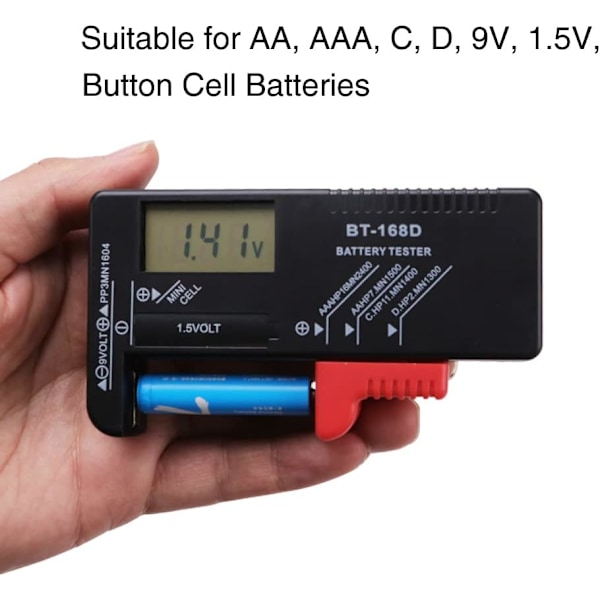 BT-168D Universaali Digitaalinen Paristotesteri Volttimittari, Digitaalinen Paristotesteri, Nappipariston Jännitetesteri, AA, AAA, C, D, 9V, 1.5V, Nappiparisto B