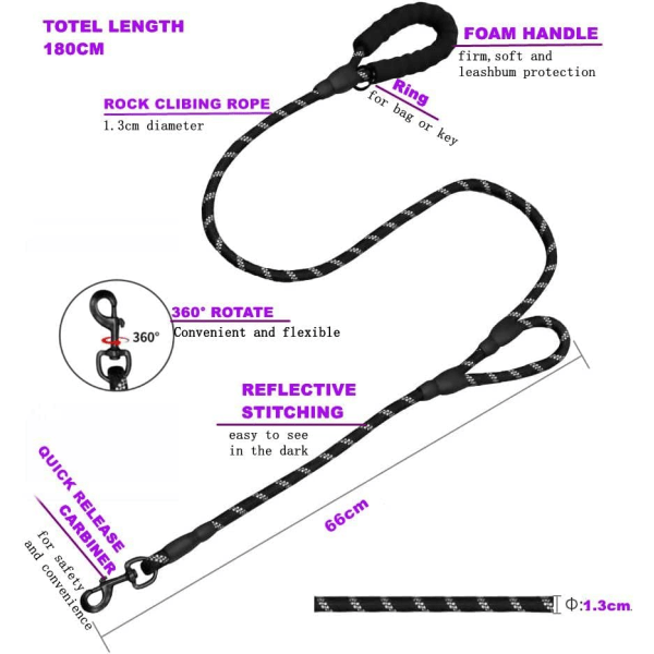 Hundehalsbånd, 180 cm slitesterkt hundehalsbånd med dobbelthåndtak og reflekstråder