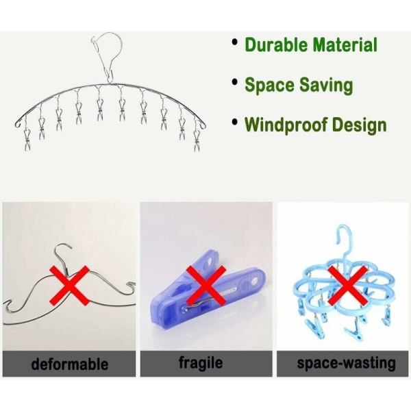 Hængende tøjstativ i rustfrit stål, sokkeophæng, tørrestativ med 10 clips til stofbleer, 45*10,5 cm