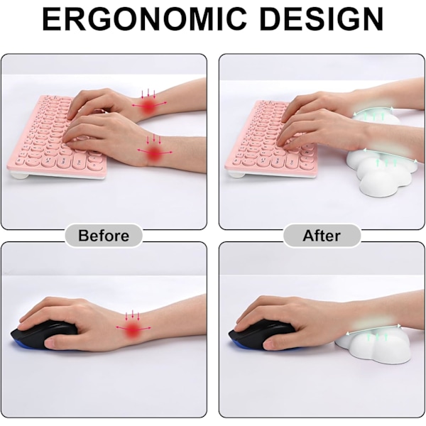 Tangentbords- och mus handledsstöd med underlägg, halkfritt ergonomiskt tangentbord och musmatta i memory foam för kontor, hem och gaming, vit