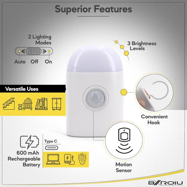 LED-nattlys med bevegelsessensor, (1 stk) USB-oppladbar Ni