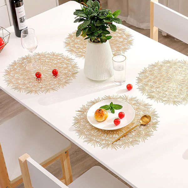 Pyöreä tabletti, 4 kpl:n setti, pestävät tabletit 38 cm, pöytämatot lautasille, lämmöneristys ja pöydän koristelu, kulta