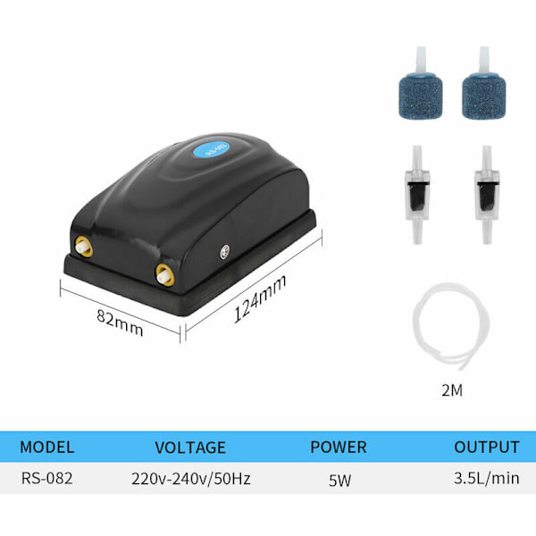 Mini 5W akvaarioilmapumppu, hiljainen akvaariokuplija, happipumppu pienille akvaarioille, ilmaletkulla, ilmakivellä ja takaiskuventtiilillä