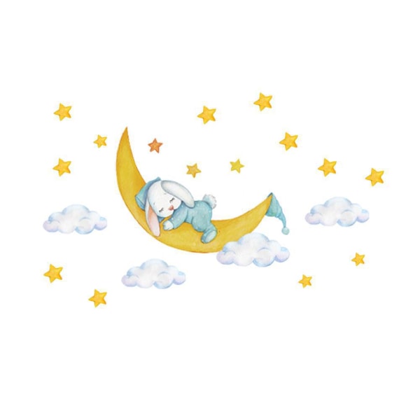 A set of RABBIT ON THE MOON wall stickers sweet dreams stars deco