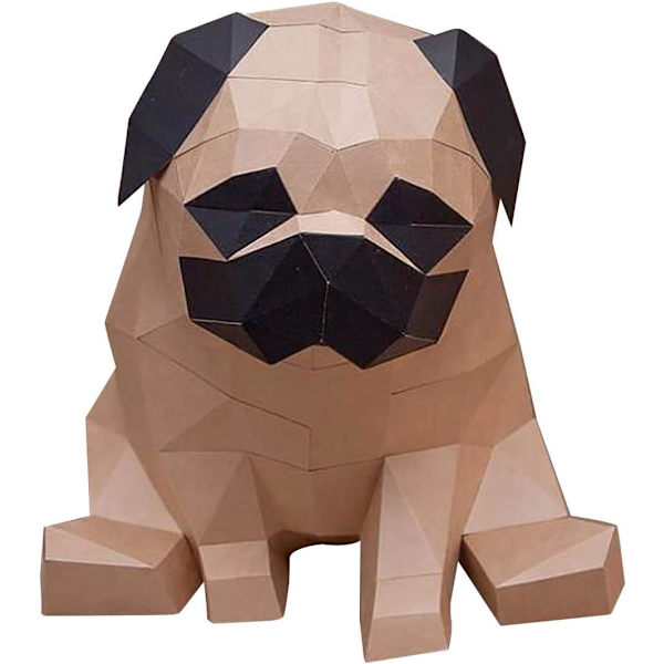 3D-mopsipaperiveistos, esileikattu DIY-paperikäsityöpakkaus, käsintehty eläinhahmo, ruskea väri, DIY 3D-paperimalli, luova kodin sisustus