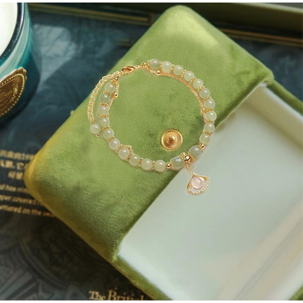 Jade Lucky Gold Leaf Bangle, Naturlig Dubbelskikts Justerbart Armband, Smyckes Armband