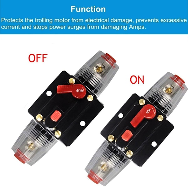 2 STK 40A Inline Strømafbryder Reset Sikring, 12V-24V DC 40A Reset Sikringsholder med Manuel Reset til Båd Audio System Beskyttelse