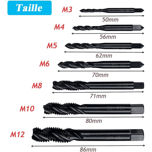 7-delad HSS Spiralfrästa gängtappset, metriska spiralfrästa tappar, sortiment M3 M4 M5 M6 M8 M10 M12, höghastighetsstål, gängtappverktyg med nitrering