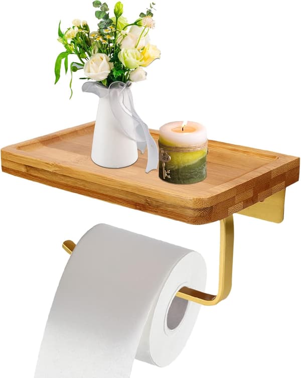 Toiletpapirholder med træhylde, guld 20*12cm