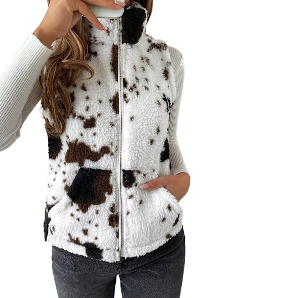 (M) Dam Fleece Väst med Ko-Print, Fuzzy, Dragkedja, Ärmlös, Ytterplagg med Fickor
