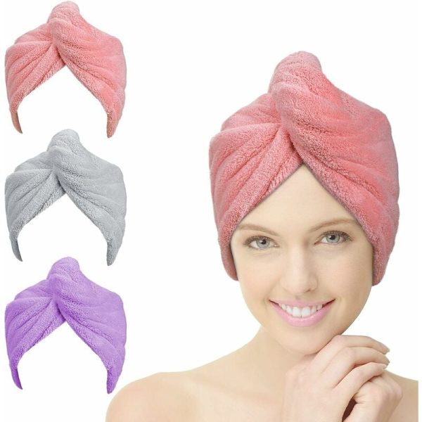 Hårhandduk, 3 st hårtorkningshanddukar, superabsorberande mikrofiber turbanhårhandduk med knappdesign Torka håret snabbt för kvinnor (rosa, lila, grå)