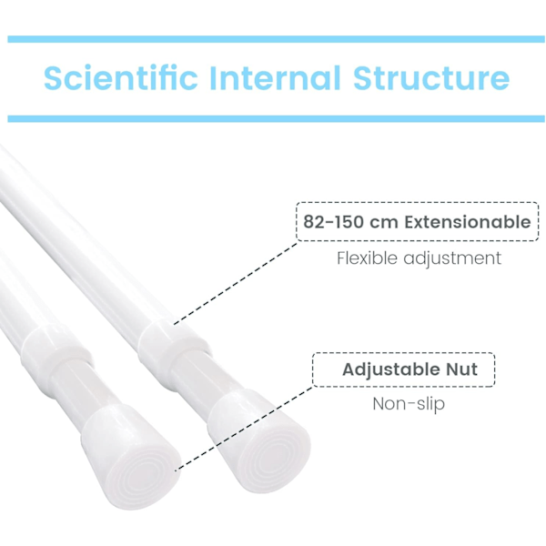 2 st teleskopiska gardinstänger, montering utan skruvar eller borrning, fönsterstång i rostfritt stål, för fönstergardinstänger duschstång (vit 82 -