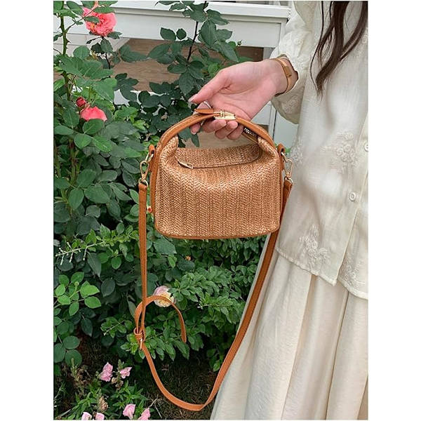 Kvinder Halm Crossbody Spandau Tasker Lynlås Top Håndtaske, Brun, 21*9.5*15.5cm