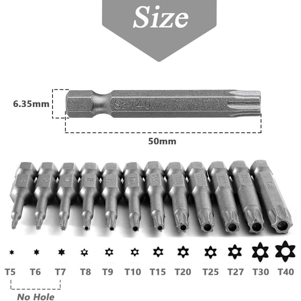 12 kpl 50 mm Torx-kärkipääruuvibittisetti magneettiset ruuvibittiset 1/4\" kuusiokolovarsi S2-teräs T5-T40 tähtikärki turvallisuus Torx tamper-proof sähkö