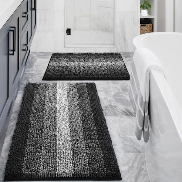 Svart badrumsmatta-set med 2 delar, Chenille halkfri badmatta-set, absorberande duschmatta och badrumsmattor, snabbtorkande badmatta badrumsdekortillbehör