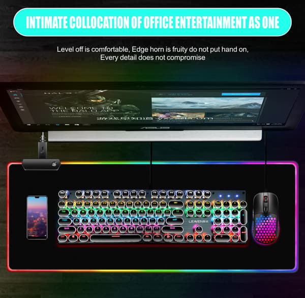 Stor RGB Gaming Musemåtte - Udvidet blød computertastaturunderlag