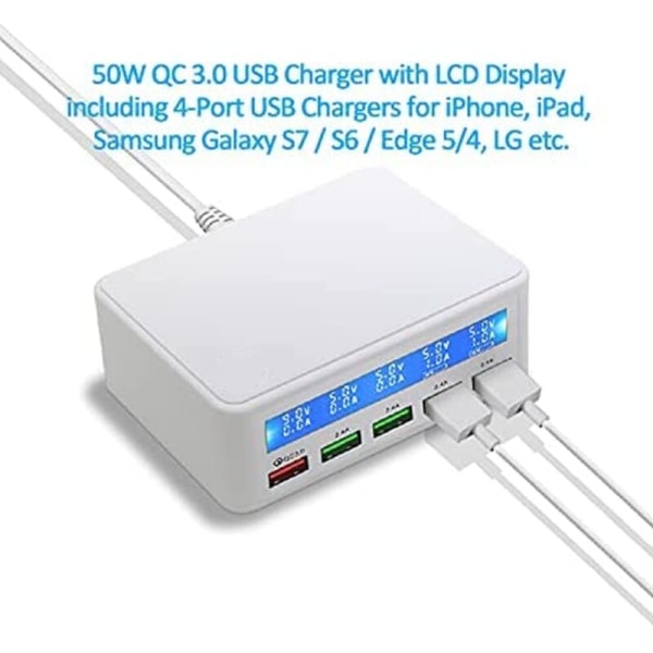 50W Multi Port USB-lader Strømadapter med 1 QC 3.0 9V2A Maks Q